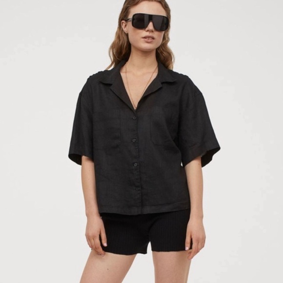 H&M Linen Black Crop Boxy Short Sleeve Shirt Sz XL Vacation Beach - Picture 13 of 13